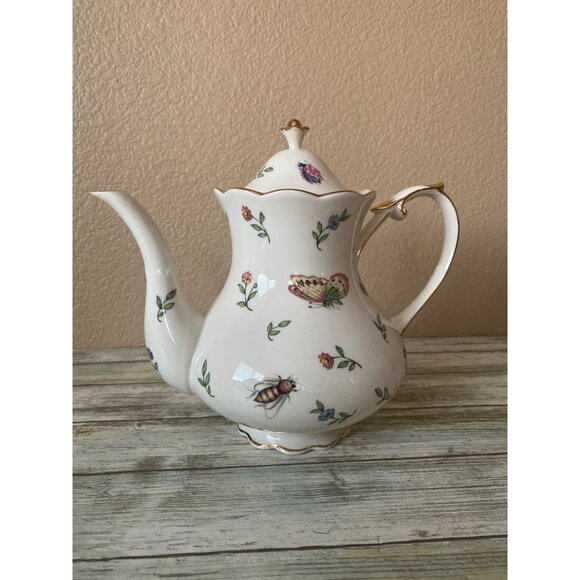 Burton + Burton Morning Meadows Teapot Butterflies Bees Flower Gold Trim - 4 Cup - Picture 1 of 16